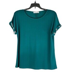NWOT 89th & Madison Green Round Neck Silver Chain Sleeve S/S Top Petite S